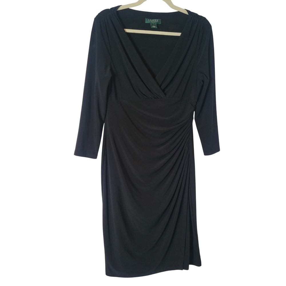 Ralph Lauren LRL Black Faux Wrap Ruched Sheath Dress Size 10 V-Neck 3/4 Sleeve